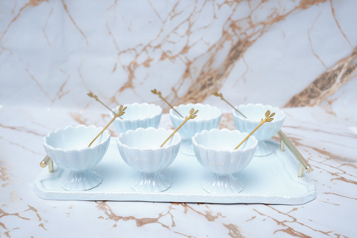 Bone China Icecrem Set With Golden Spones & Ceramic Tray