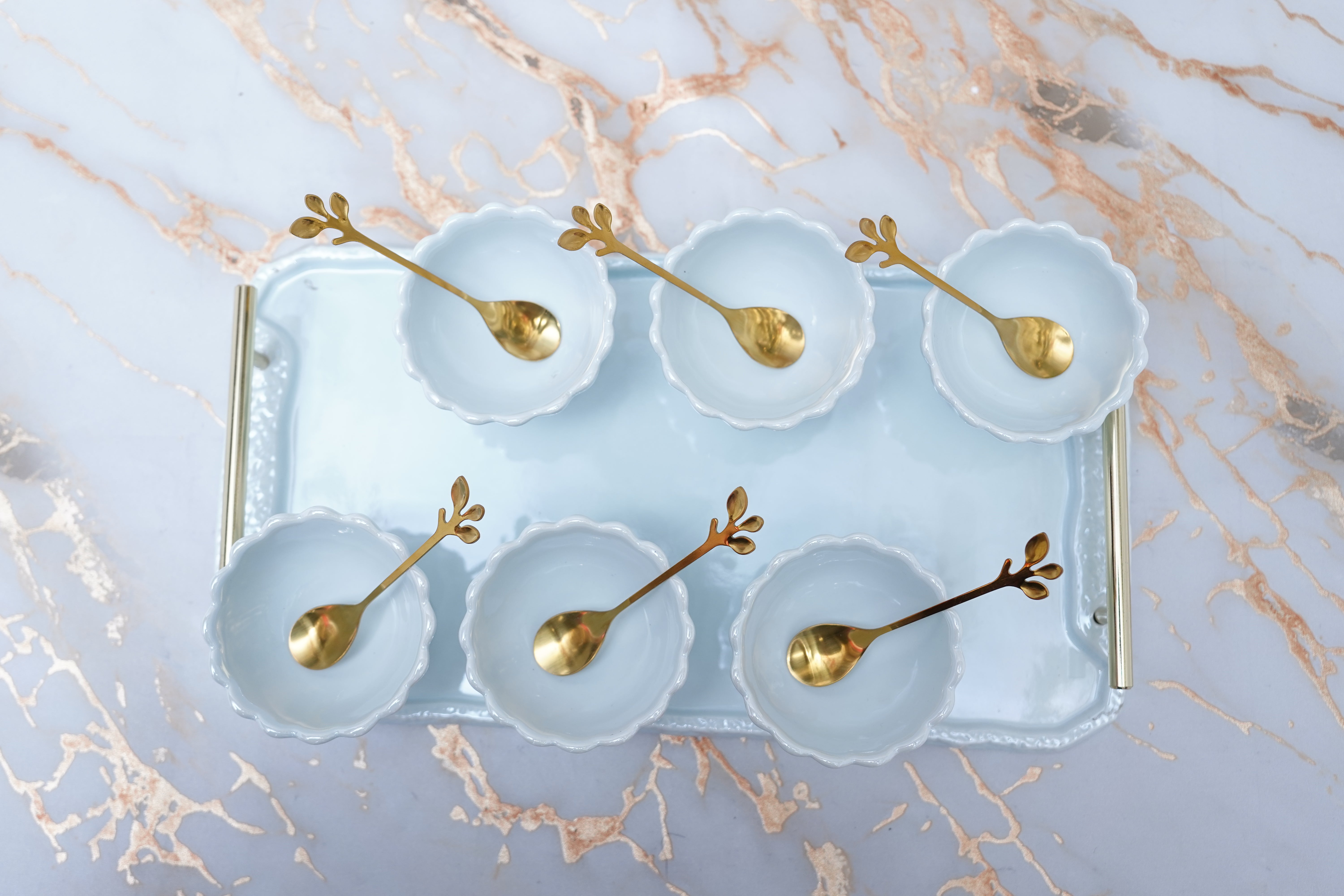Bone China Icecrem Set With Golden Spones & Ceramic Tray